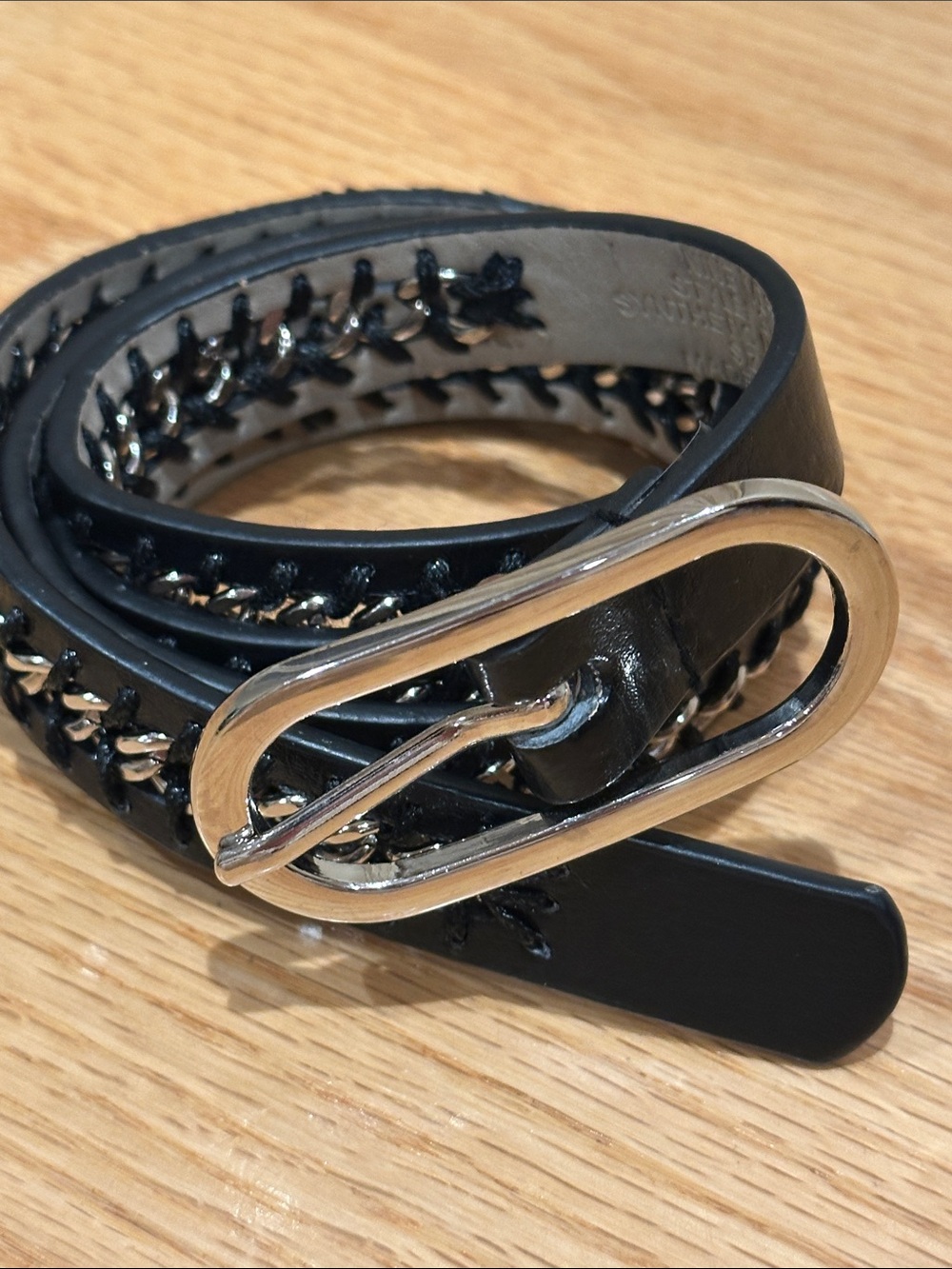 Faux Leather Chain-Accent Wrap Belt with Silver Oval Buckle